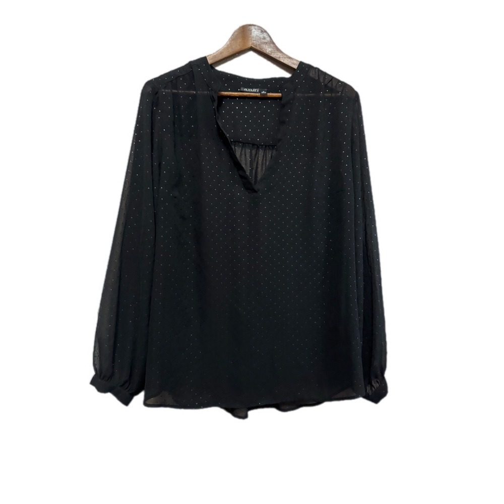 a.n.a Blouse Womens 1X Black Excellent Metallic Pin Dot V-Neck Long Sleeve Top
